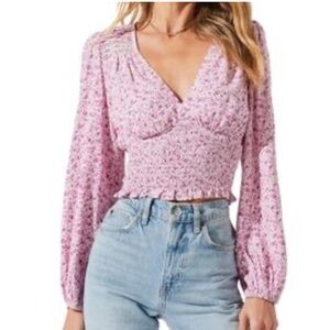 Astr The Label Pink Fuchsia Floral Smocked Lace Blouse size Medium $88